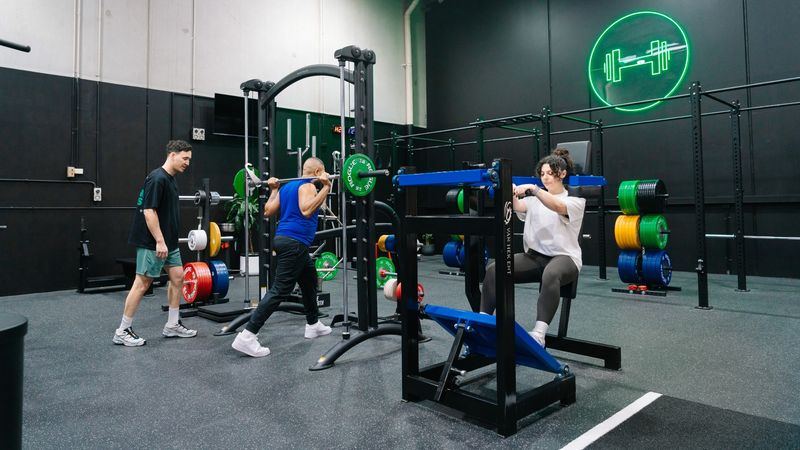 A personal trainer guides a client through a seated dumbbell shoulder press in a modern gym. The client lifts two dumbbells at shoulder height while the trainer stands behind with arms raised, demonstrating proper movement and encouraging correct form.
