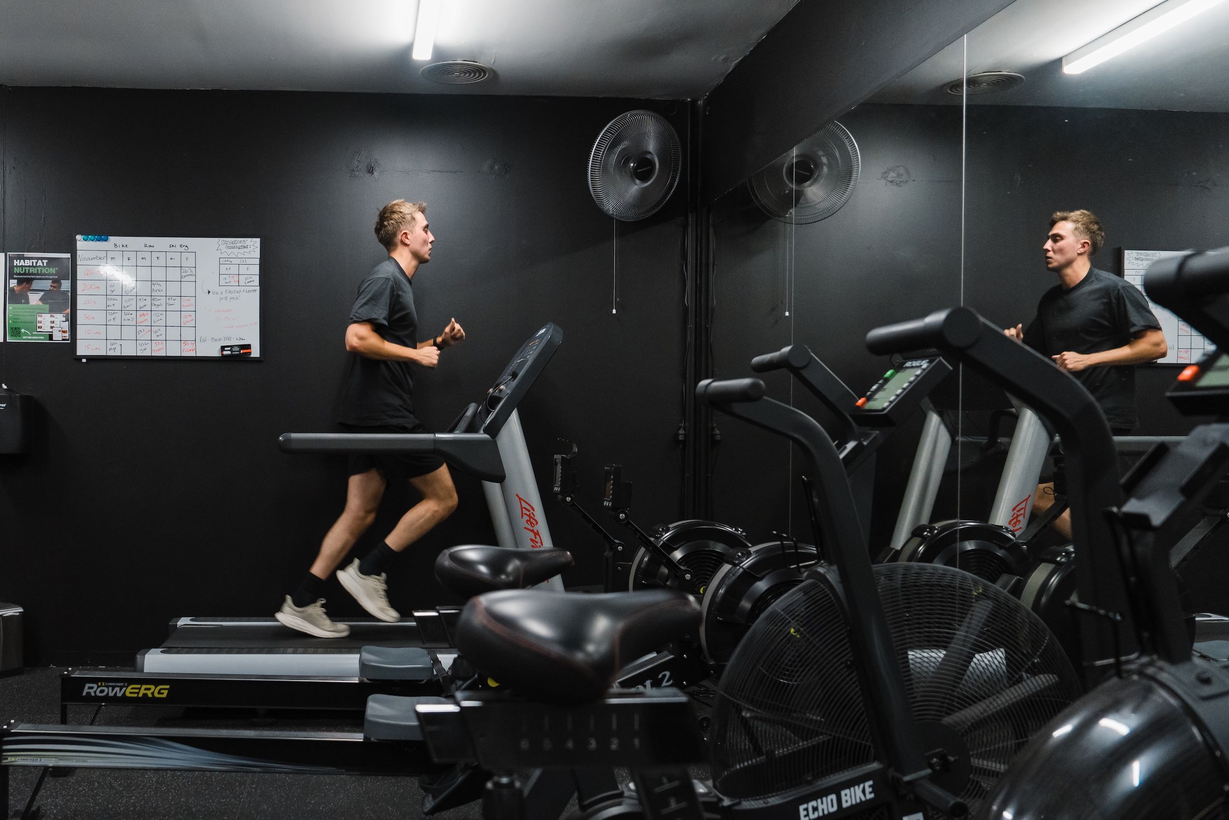 Gym member running on treadmill in Habitat Gym's Cardio Corner with rowing erg and Echo Bike in foreground