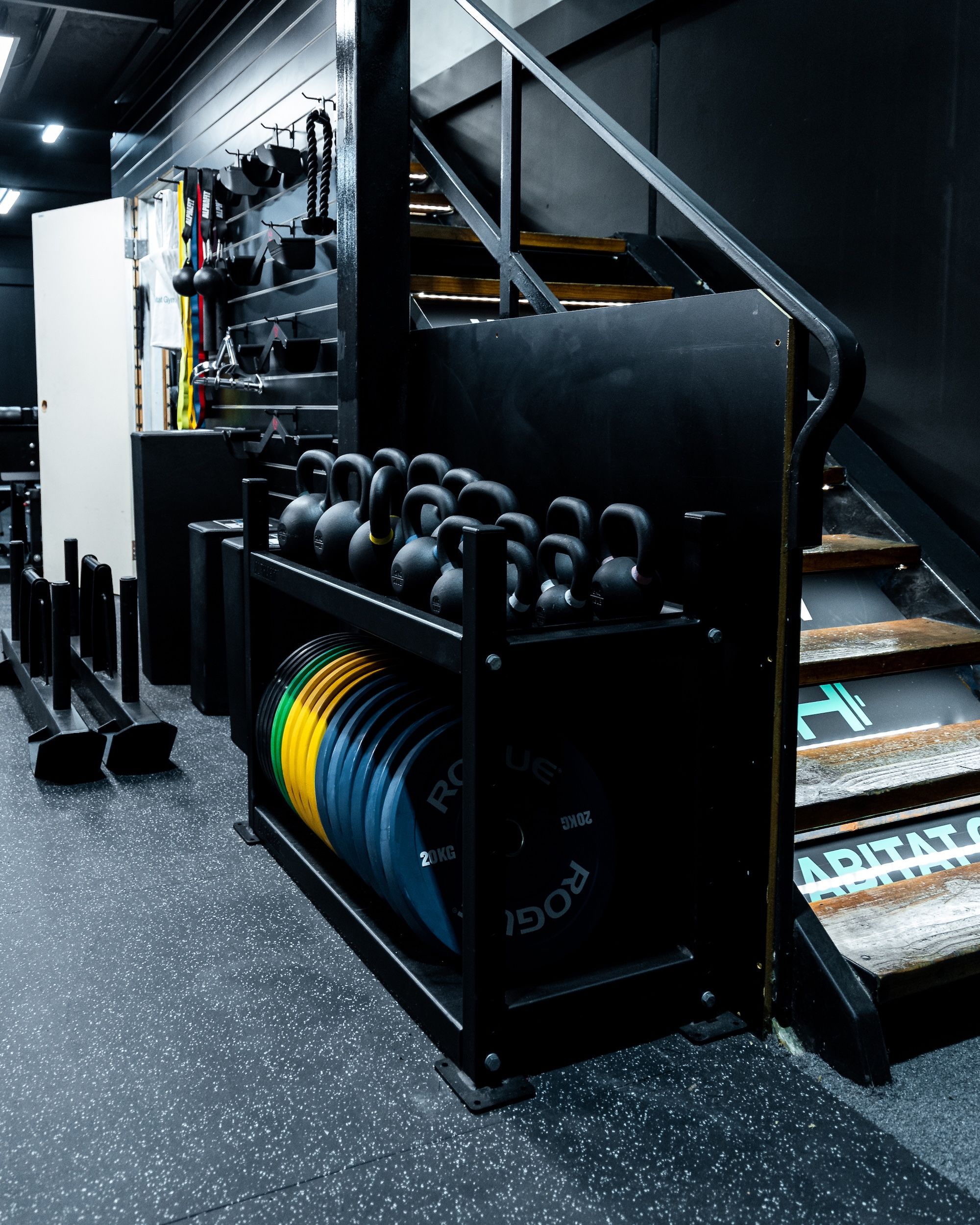 Organised dumbbell rack and plates inside private gym in Western Sydney
